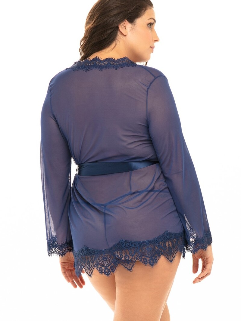 Curvy All Over Lace Long Sleeve Short Robe Sleepwear with Thong - Blac - Curvy  Bras