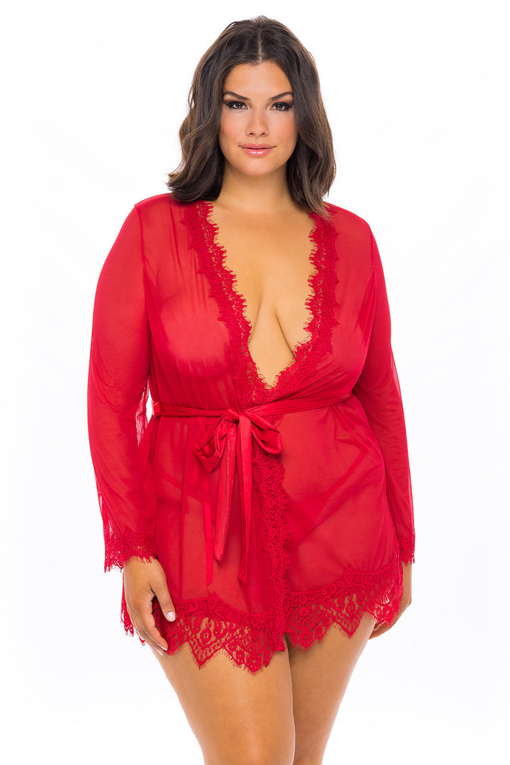 Oh La La Cheri Plus Size Provence Sheer Mesh & Lace Robe