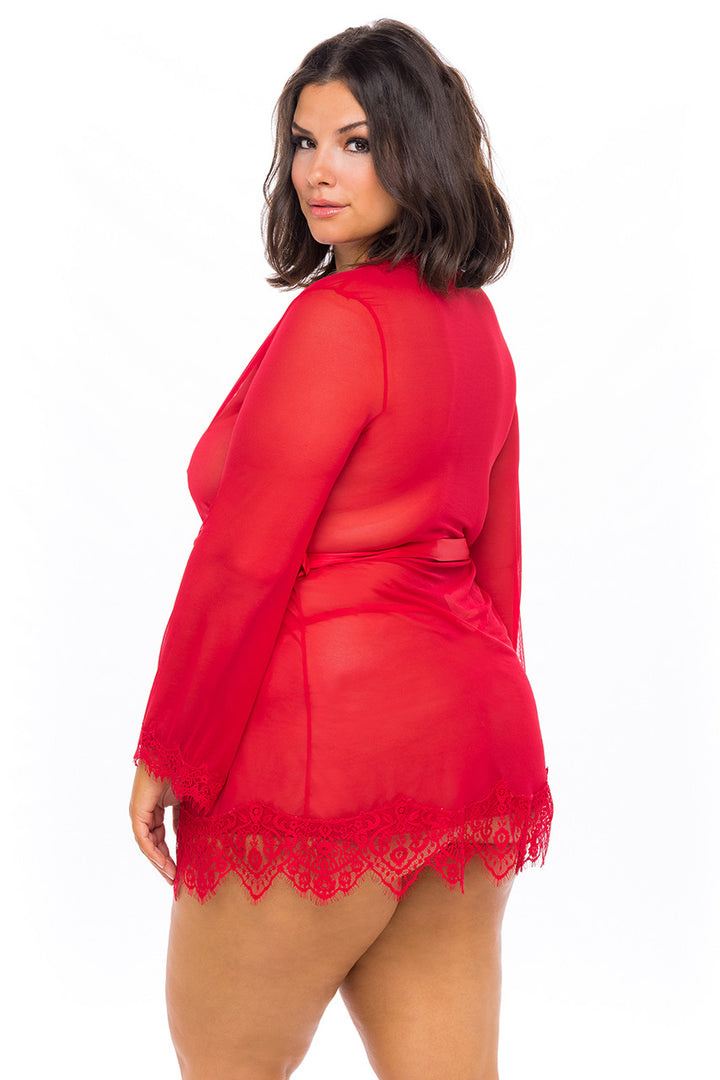 Oh La La Cheri Plus Size Provence Sheer Mesh & Lace Robe