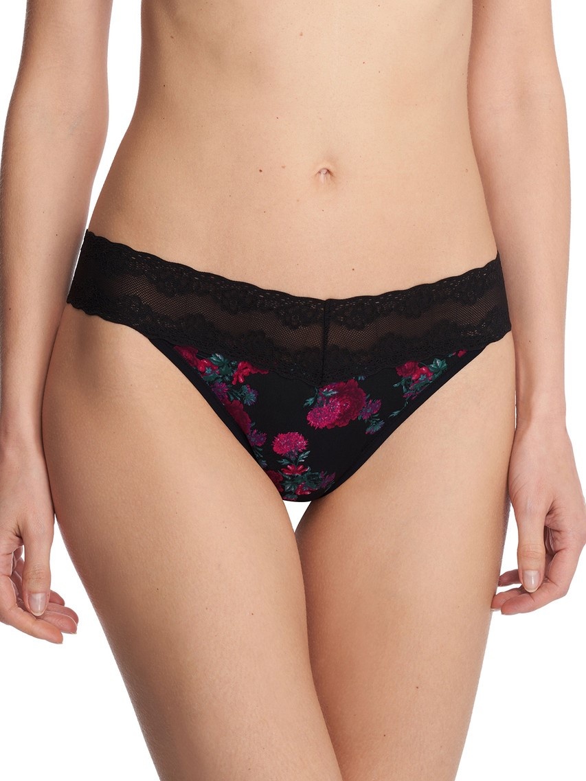 Microfiber and Lace Trim String Panty - Black