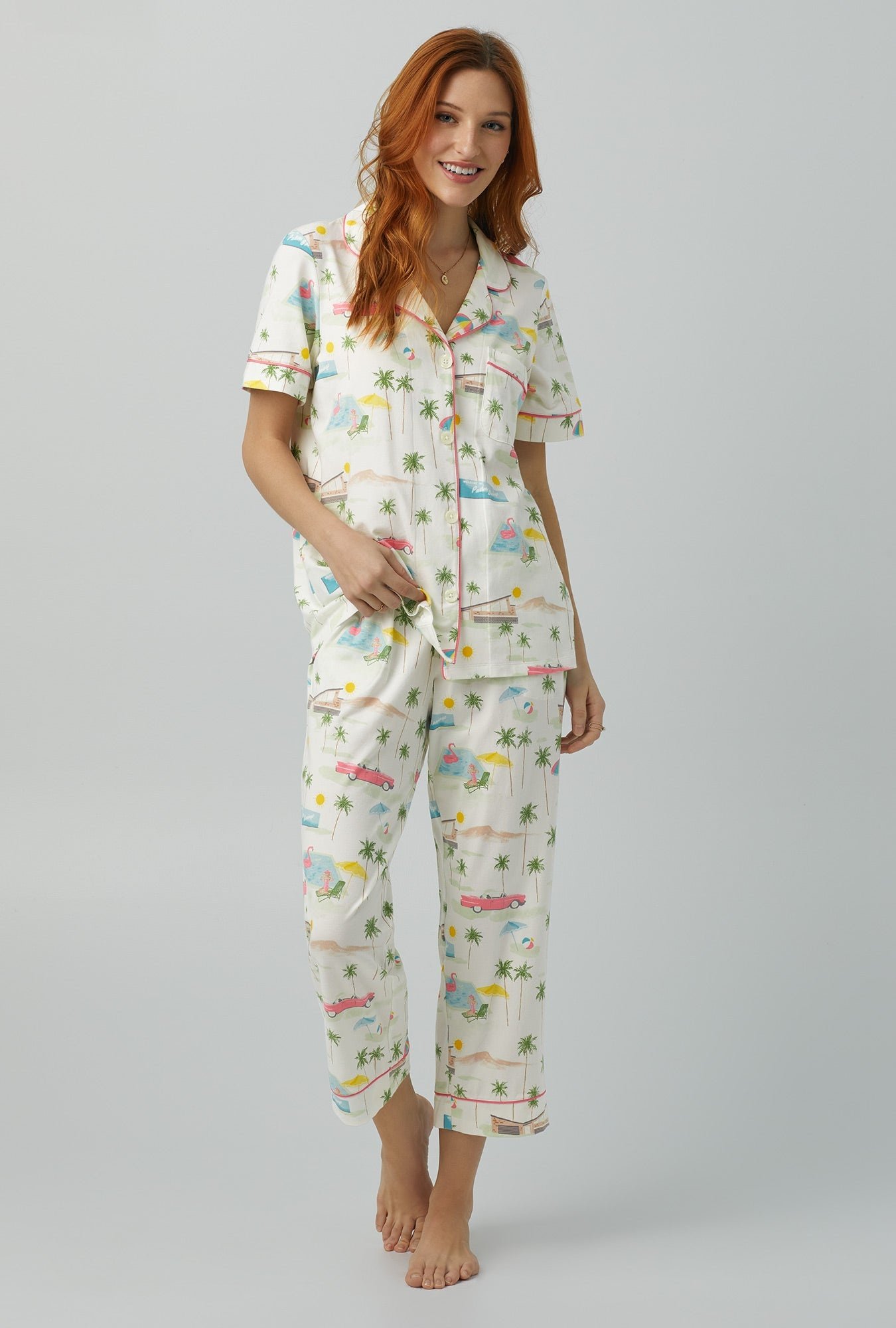 BedHead Pajamas Palm Print Short Sleeve Jersey Knit Cropped Pajama