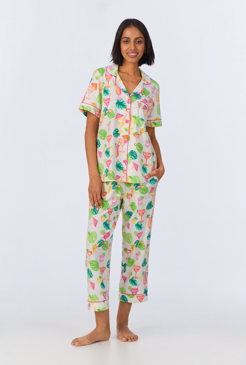 Bed Head Vacation Libations Short Sleeve Stretch Jersey Cropped PJ Set