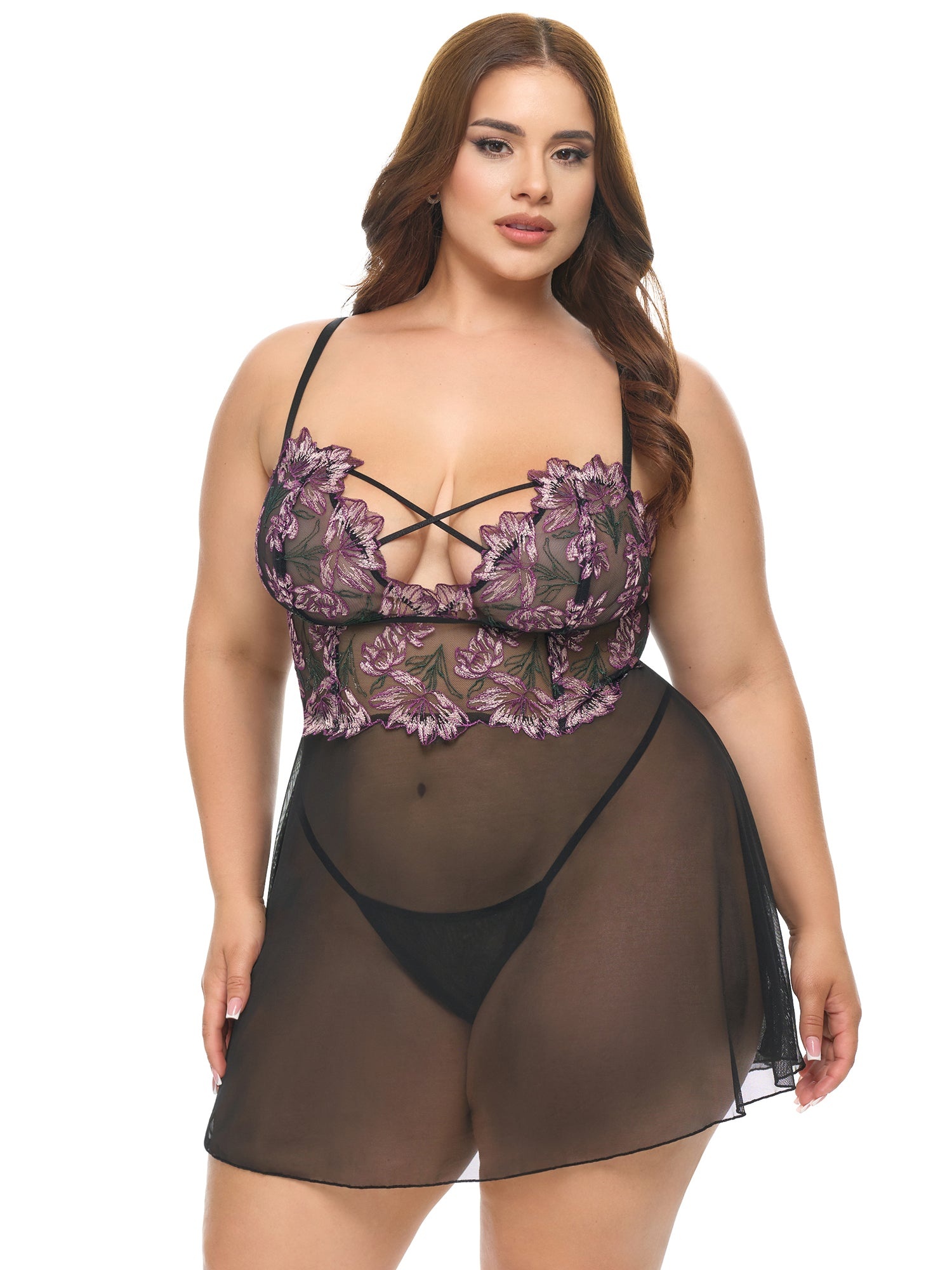 Oh La La Cheri Plus Size Adela Floral Sheer Babydoll