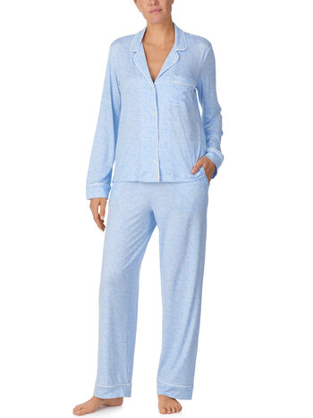 Dkny Long Sleeve Notch Collar Knit Jersey Geo Print PJ Set
