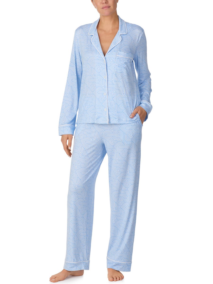 Dkny Long Sleeve Notch Collar Knit Jersey Geo Print PJ Set