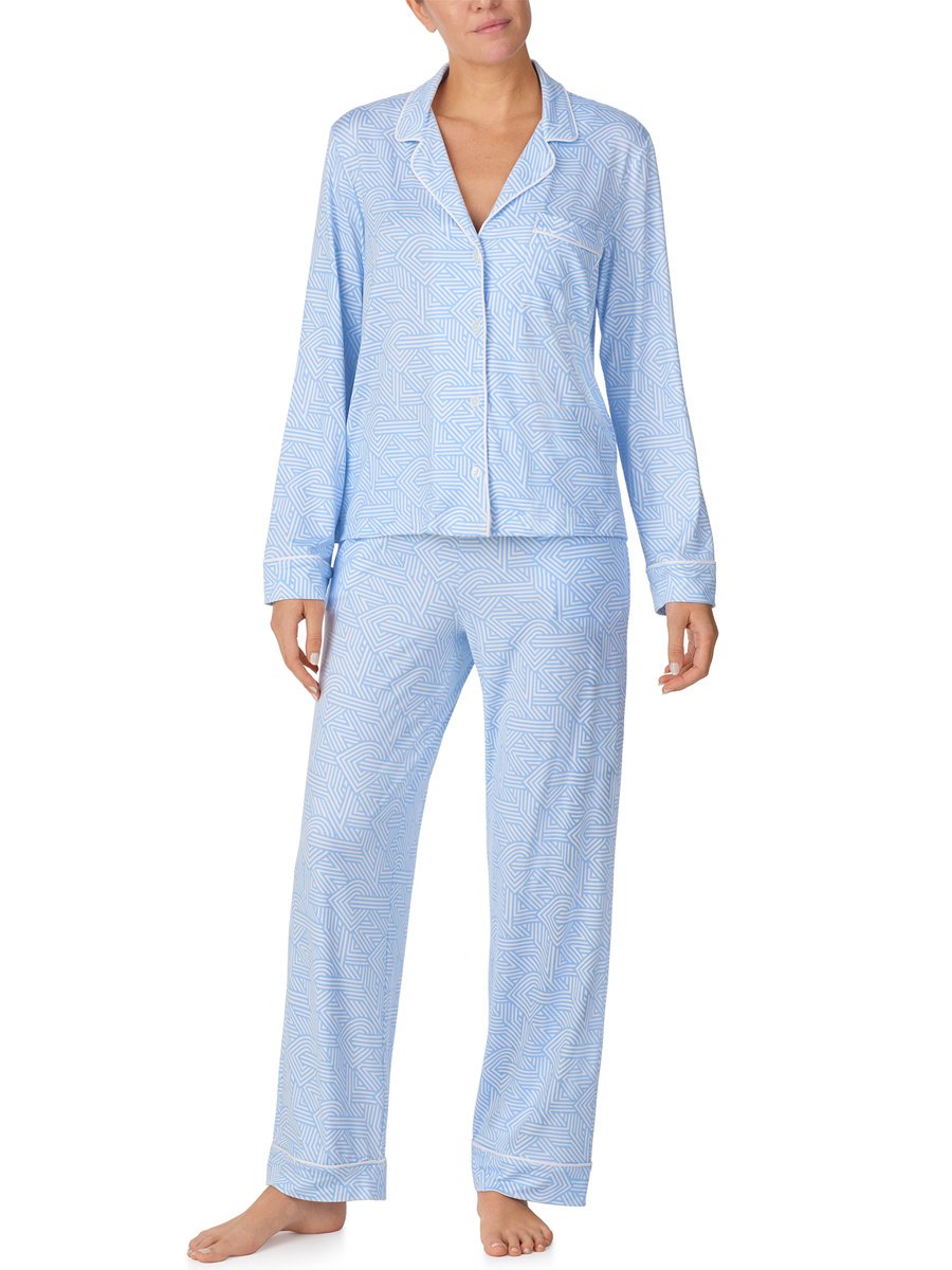 Dkny Long Sleeve Notch Collar Knit Jersey Geo Print PJ Set