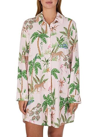 Kate Spade Tropical Jungle Print Long Sleeve Notch Collar Jersey Knit Sleepshirt
