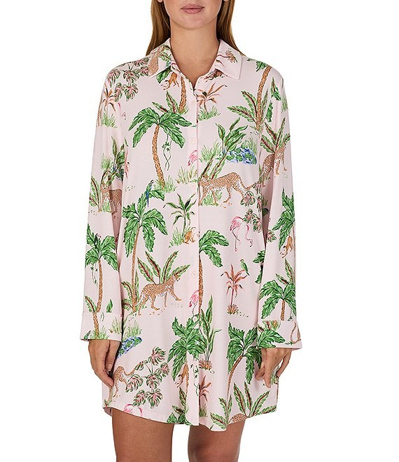 Kate Spade Tropical Jungle Print Long Sleeve Notch Collar Jersey Knit Sleepshirt