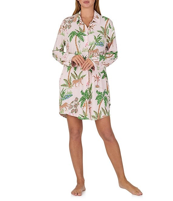 Kate Spade Tropical Jungle Print Long Sleeve Notch Collar Jersey Knit Sleepshirt