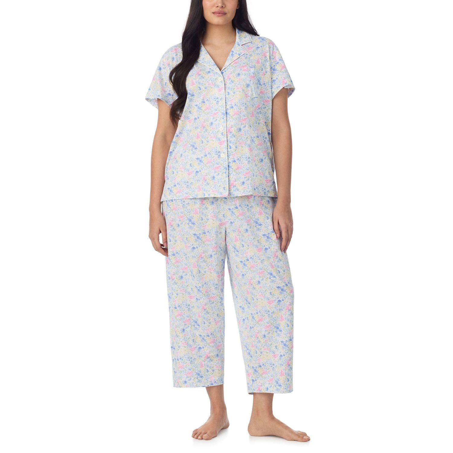 Ralph Lauren Plus Size Classic Knit Notch Collar Cropped PJ Set