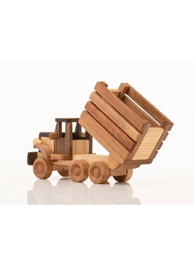 FOUR Wooden Toy TRUCK Set Log Barrel Tanker Dump Truck Wood