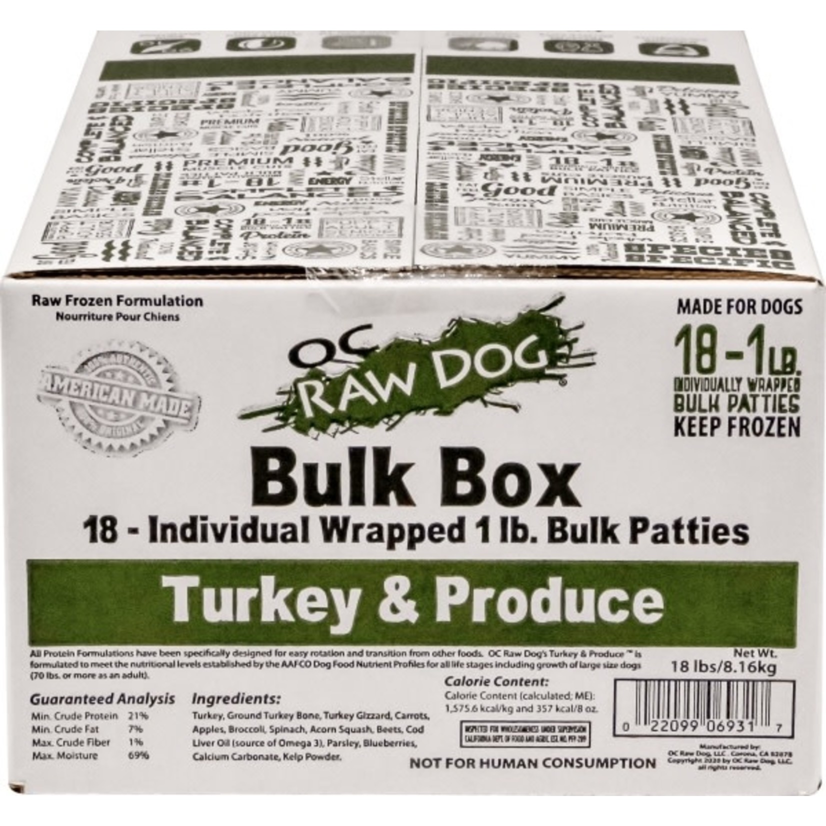OC Raw OC Raw Frozen Patties Turkey & Produce Bulk 18lb