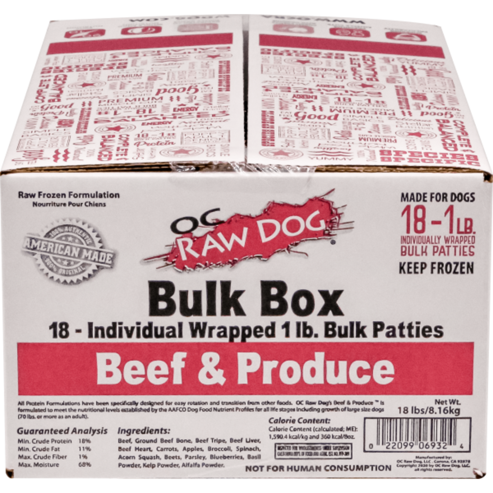 OC Raw OC Raw Frozen Patties Beef & Produce Bulk 18lb