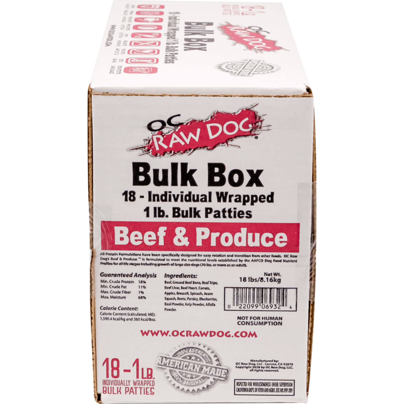 OC Raw OC Raw Frozen Patties Beef & Produce Bulk 18lb