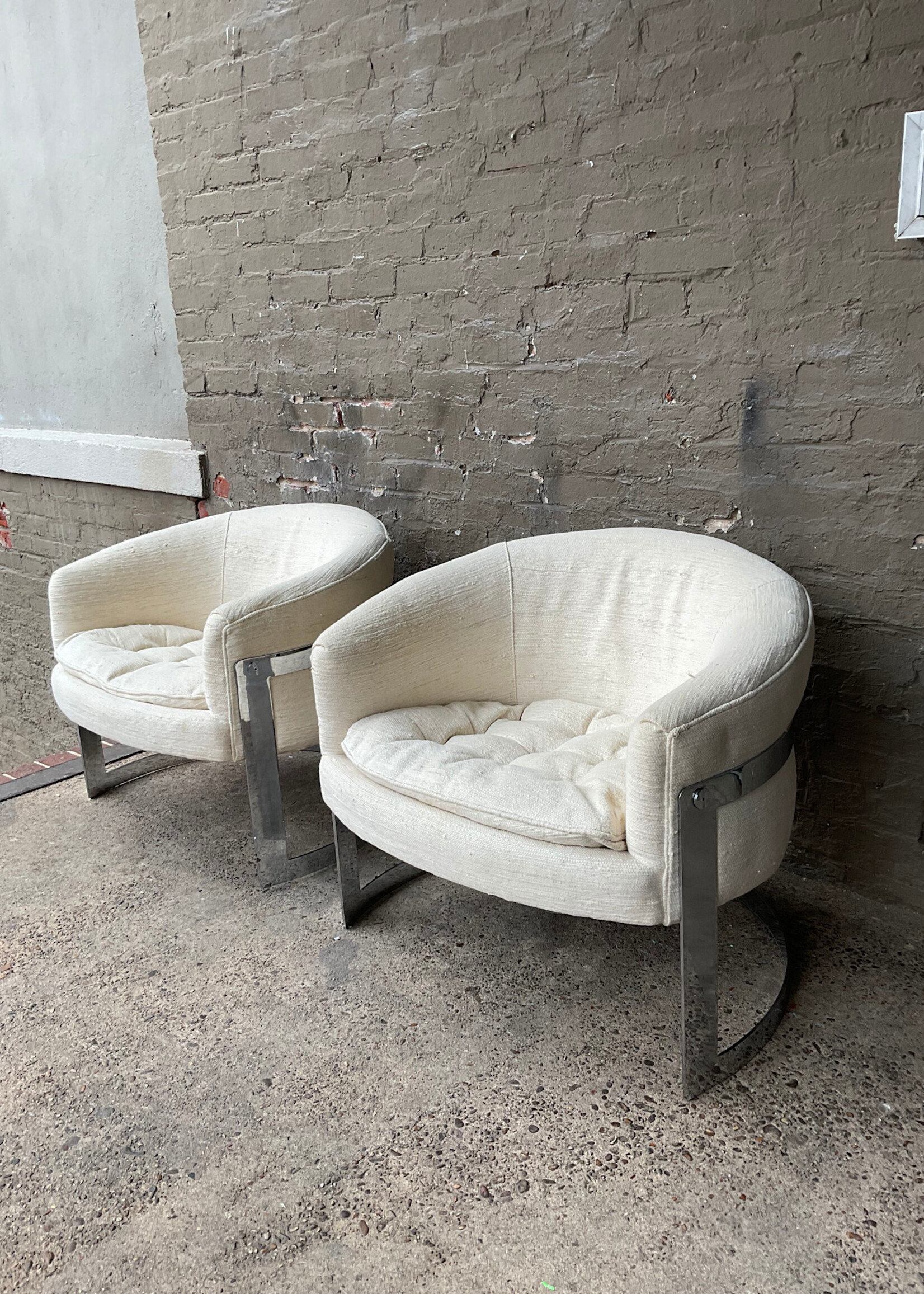 GOODWOOD Pair of MCM Boucle & Chrome Tub Chairs, Bernhardt