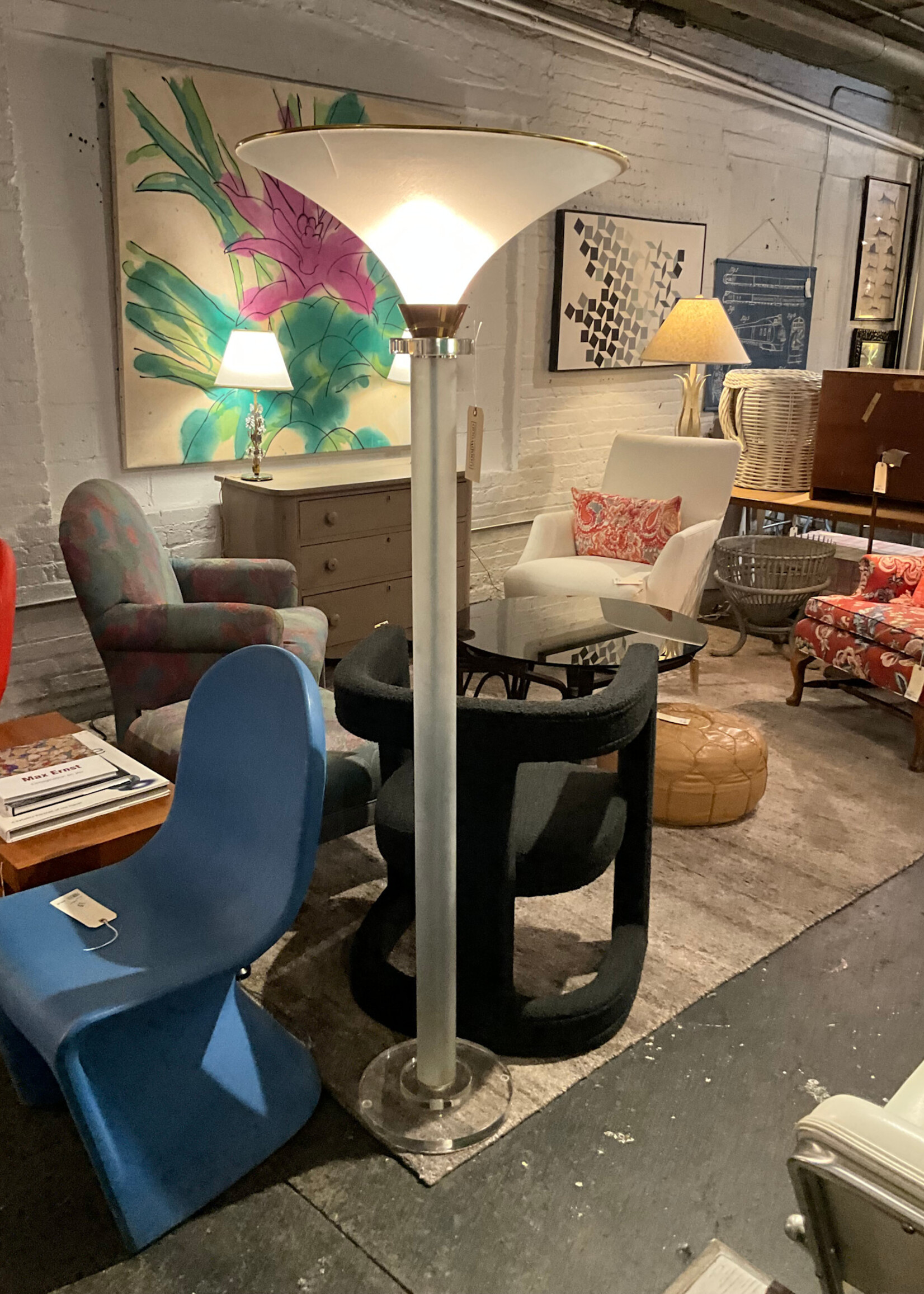 GOODWOOD Post Modern Lucite & Brass Floor Lamp, Cracked Shade