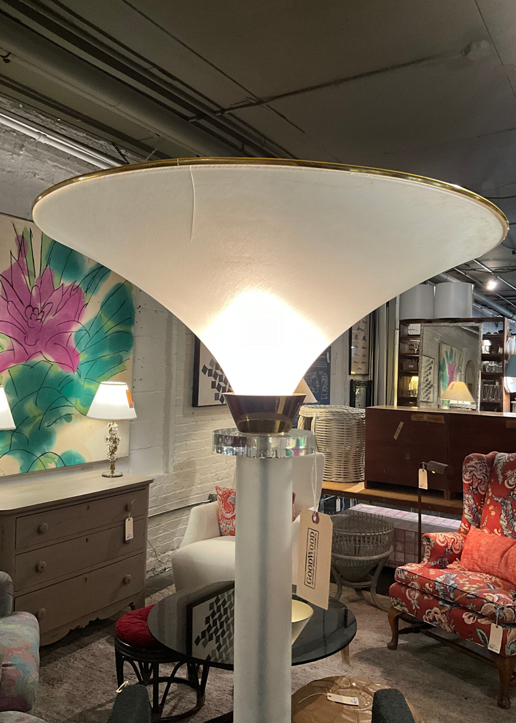 GOODWOOD Post Modern Lucite & Brass Floor Lamp, Cracked Shade