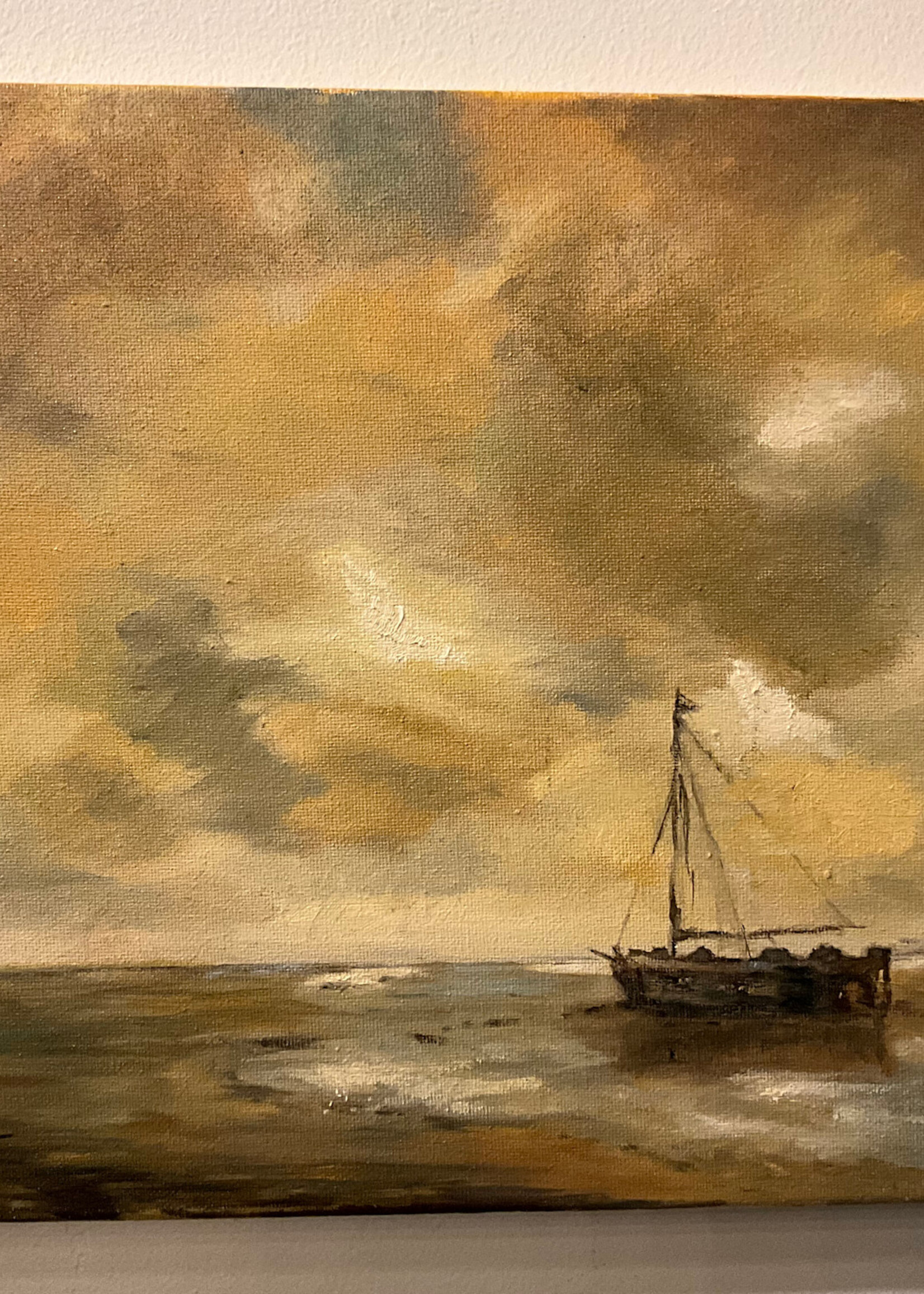 GOODWOOD Brown Sailboat Scene, Post, Oil on Canvas
