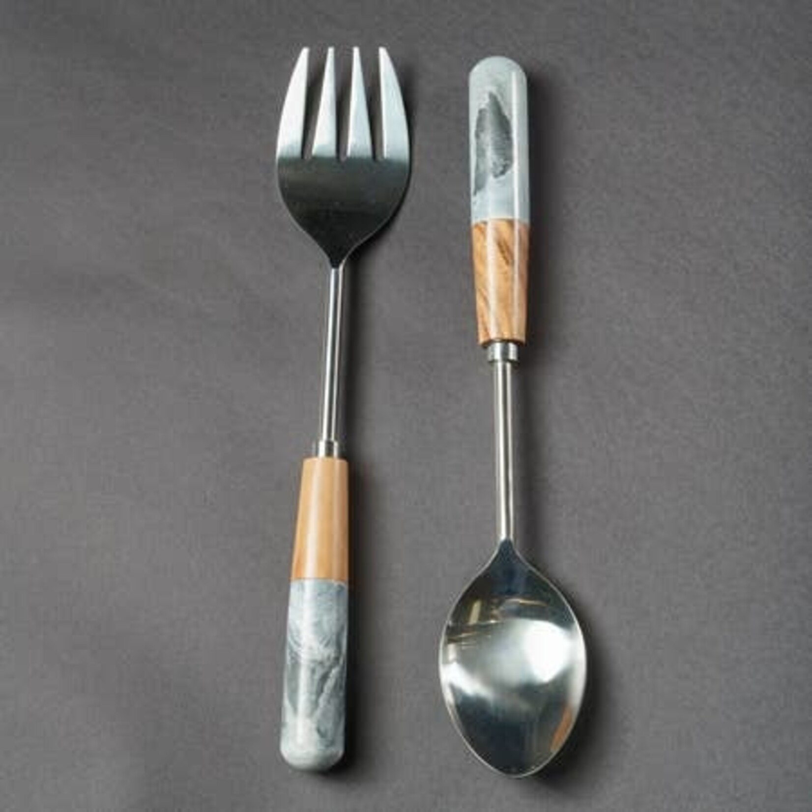 India Handicrafts Wood & Stone Salad Server, Set of 2