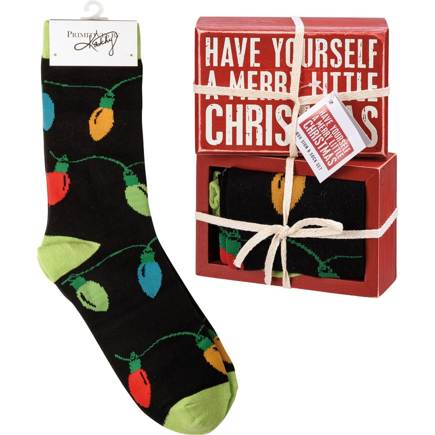 Primitives by Kathy Primitives by Kathy- A Merry Little Christmas Box Sign And Sock Set