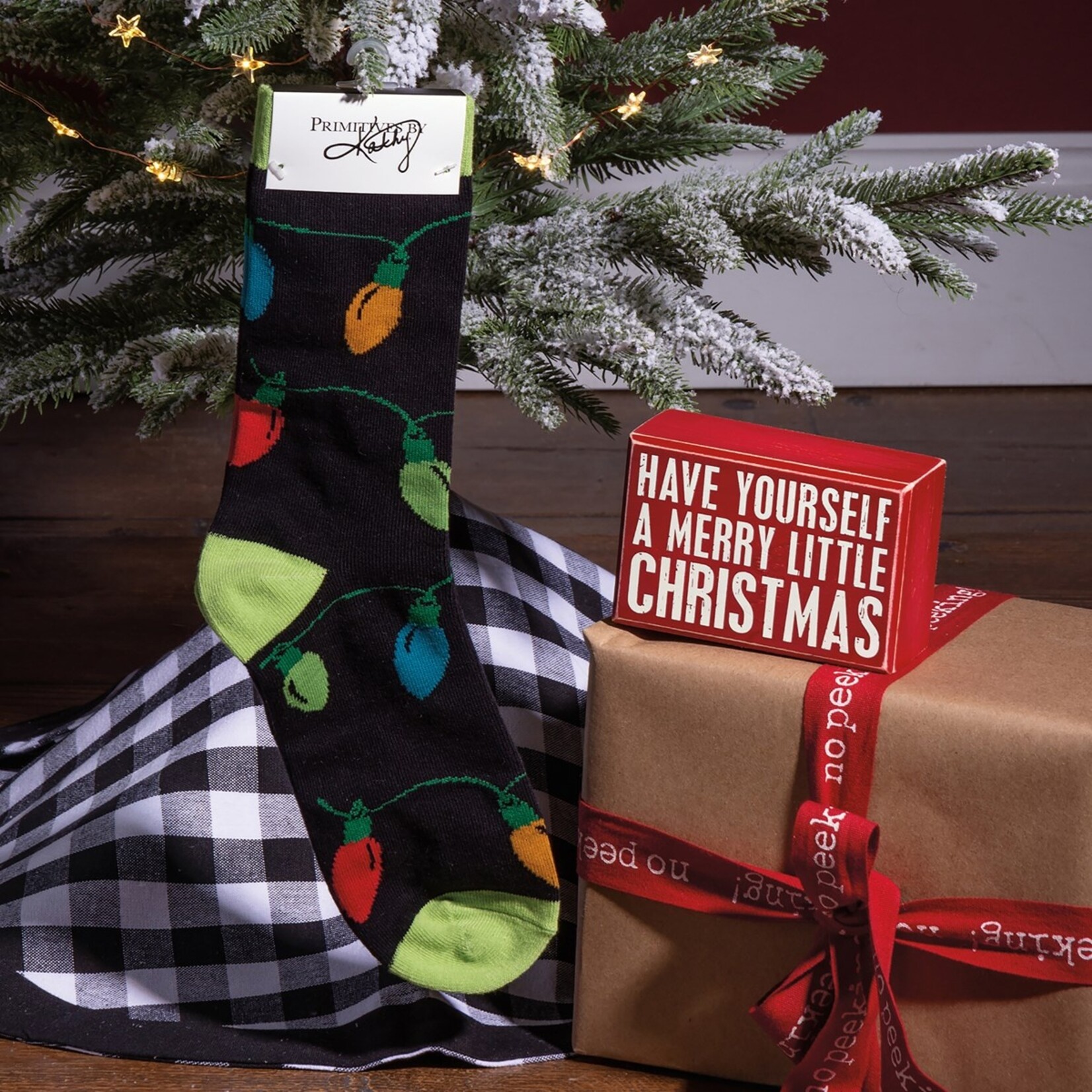 Primitives by Kathy Primitives by Kathy- A Merry Little Christmas Box Sign And Sock Set