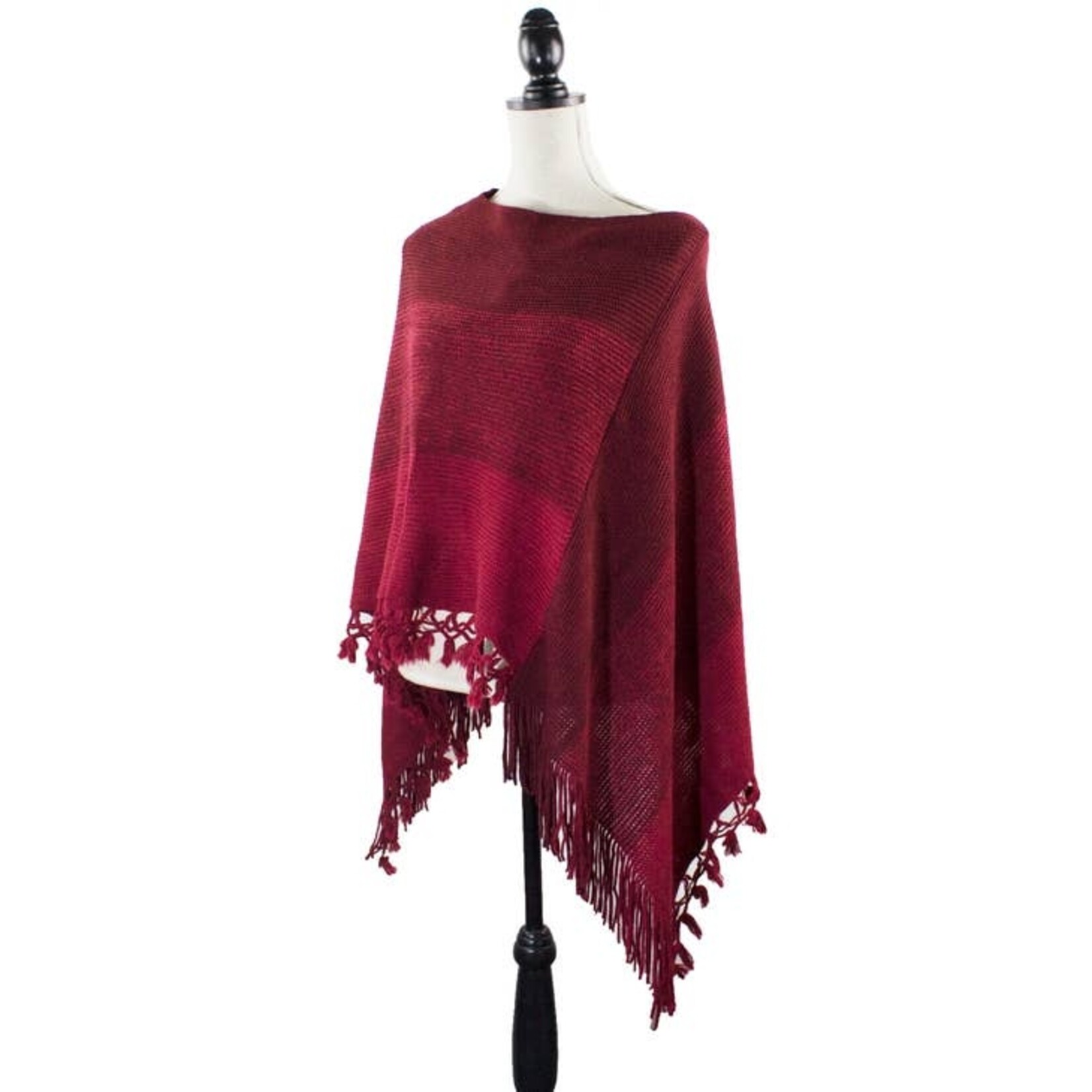 Fennco Fennco Color Block Fringe Poncho Sweater- Red