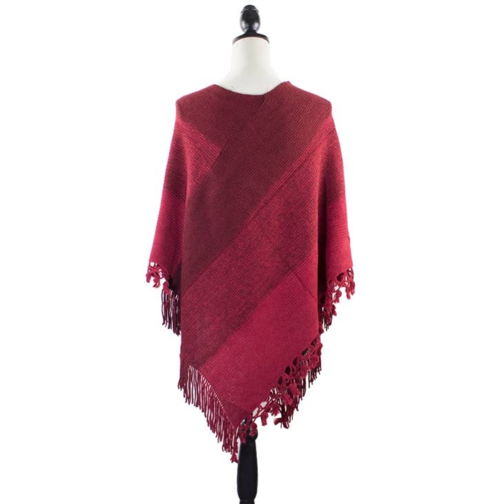 Fennco Fennco Color Block Fringe Poncho Sweater- Red