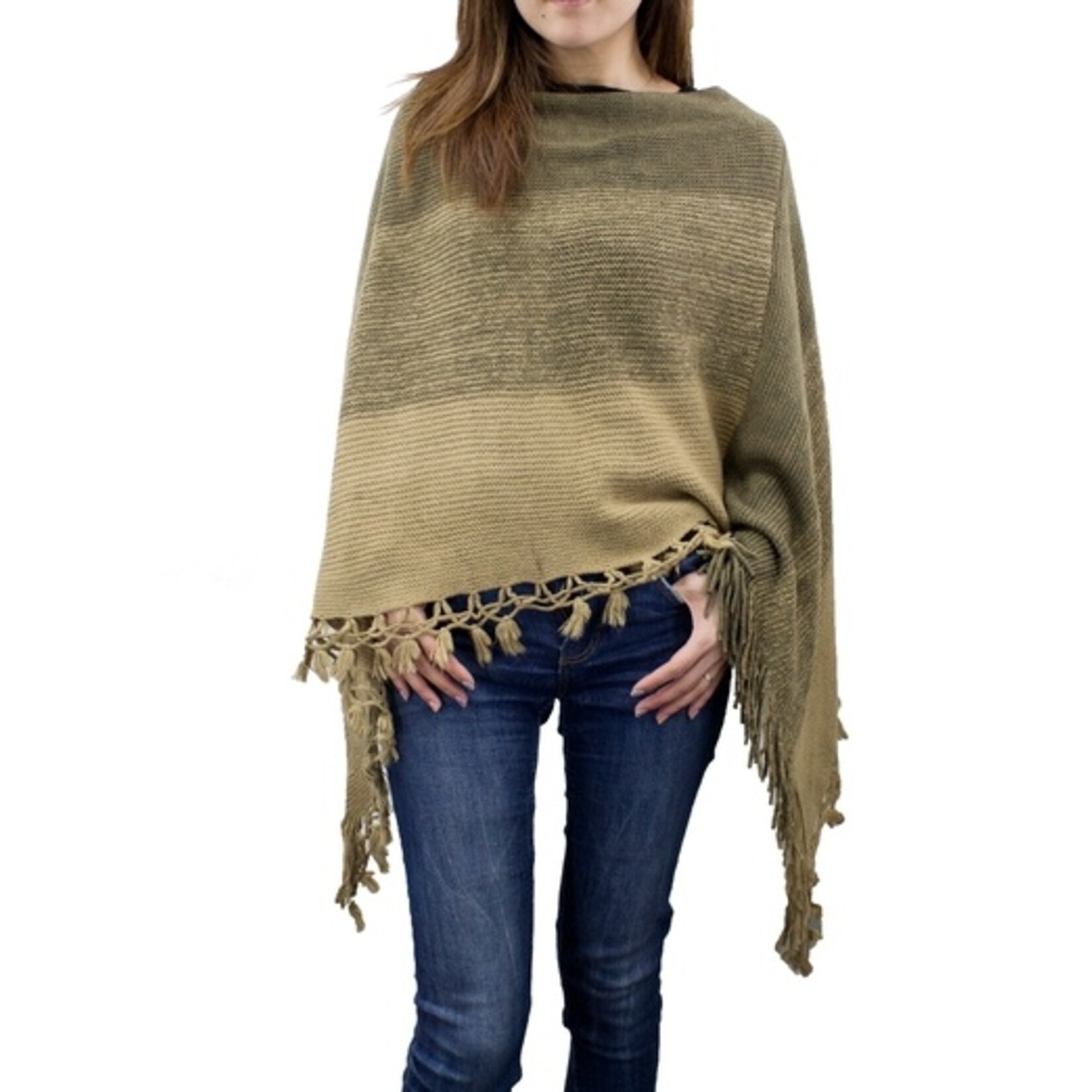 Fennco Fennco Color Block Fringe Poncho Sweater- Khaki