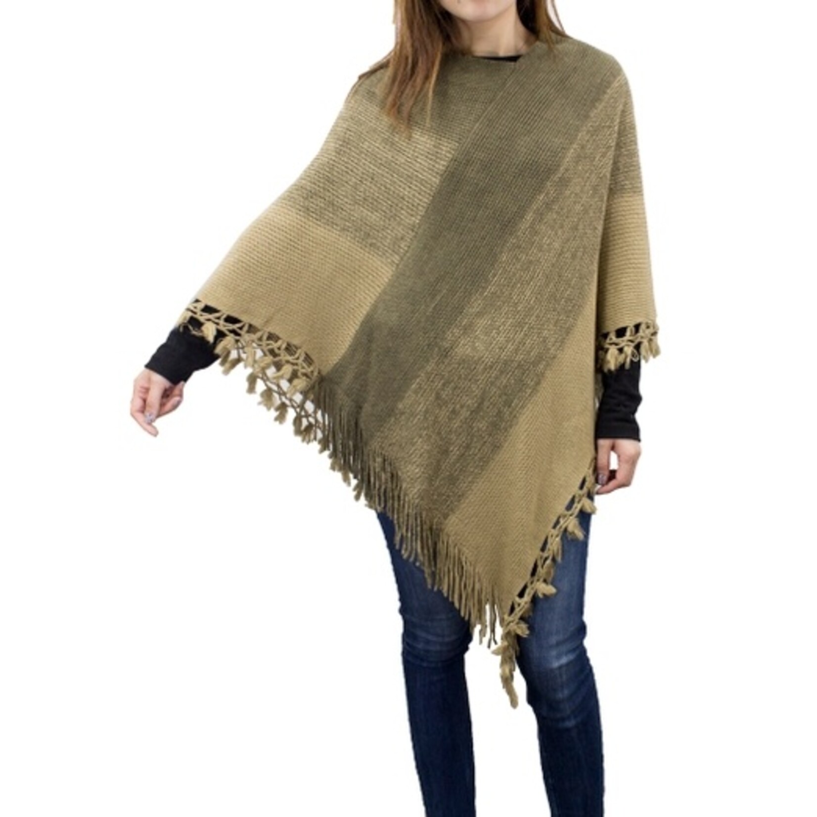 Fennco Fennco Color Block Fringe Poncho Sweater- Khaki