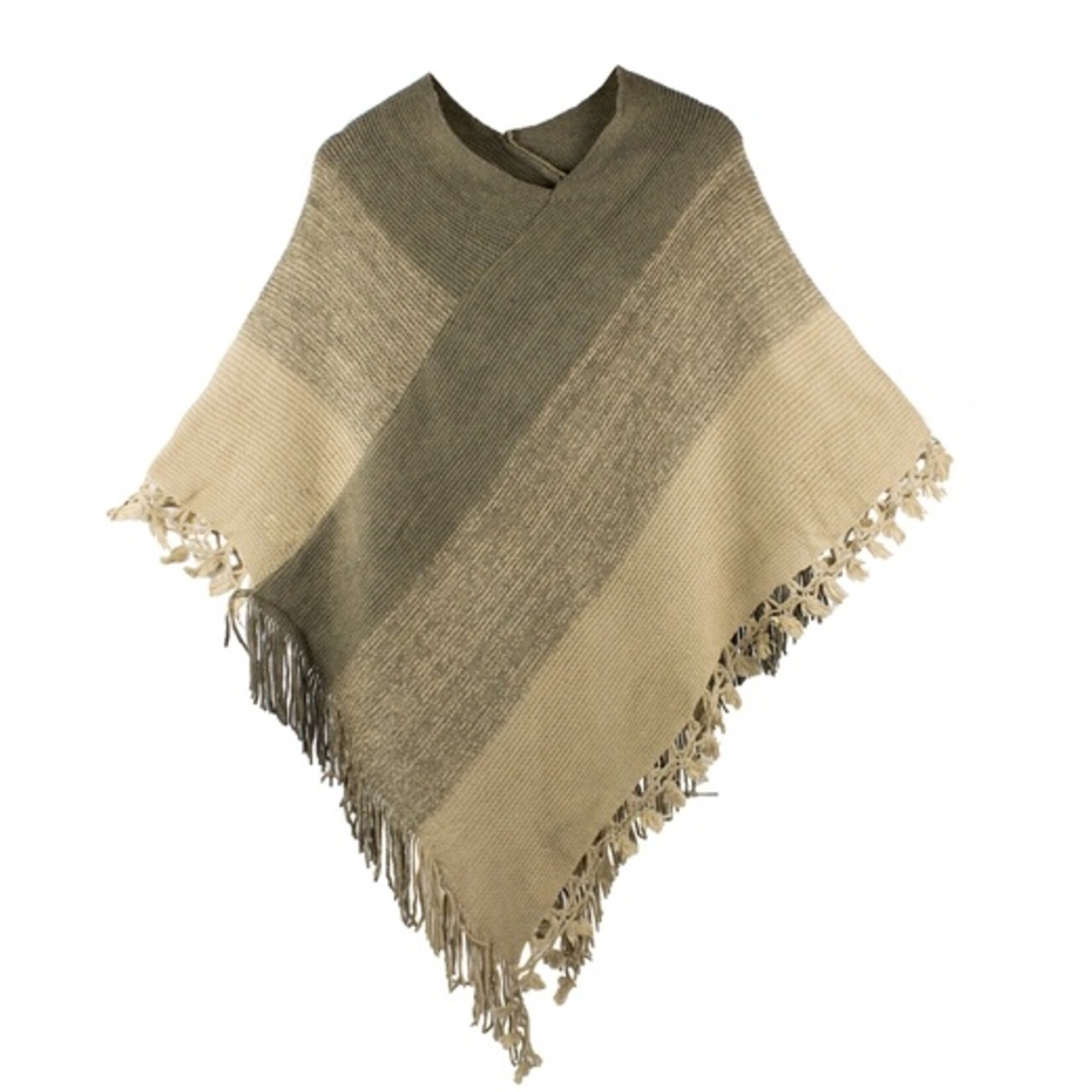 Fennco Fennco Color Block Fringe Poncho Sweater- Khaki