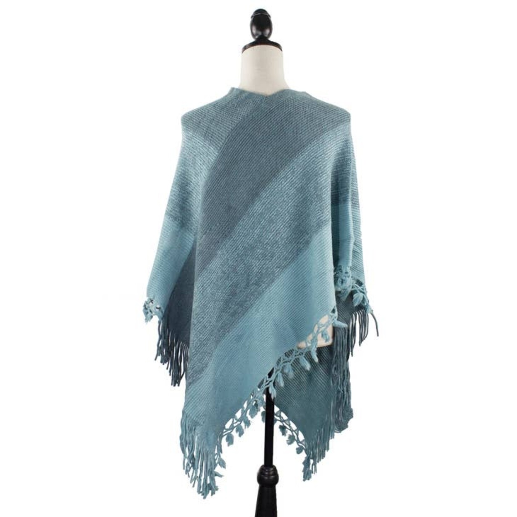 Fennco Fennco Color Block Fringe Poncho Sweater-Teal