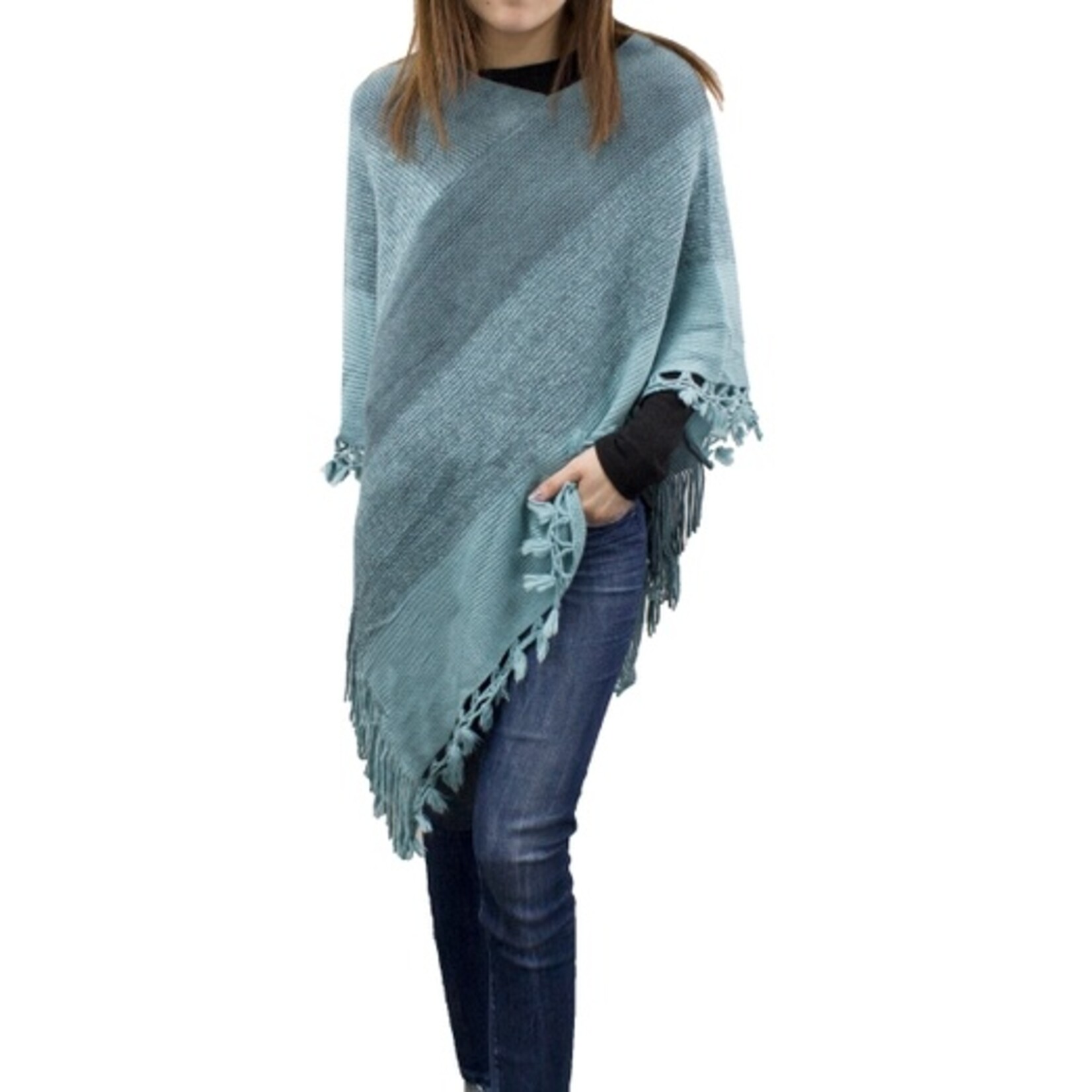 Fennco Fennco Color Block Fringe Poncho Sweater-Teal