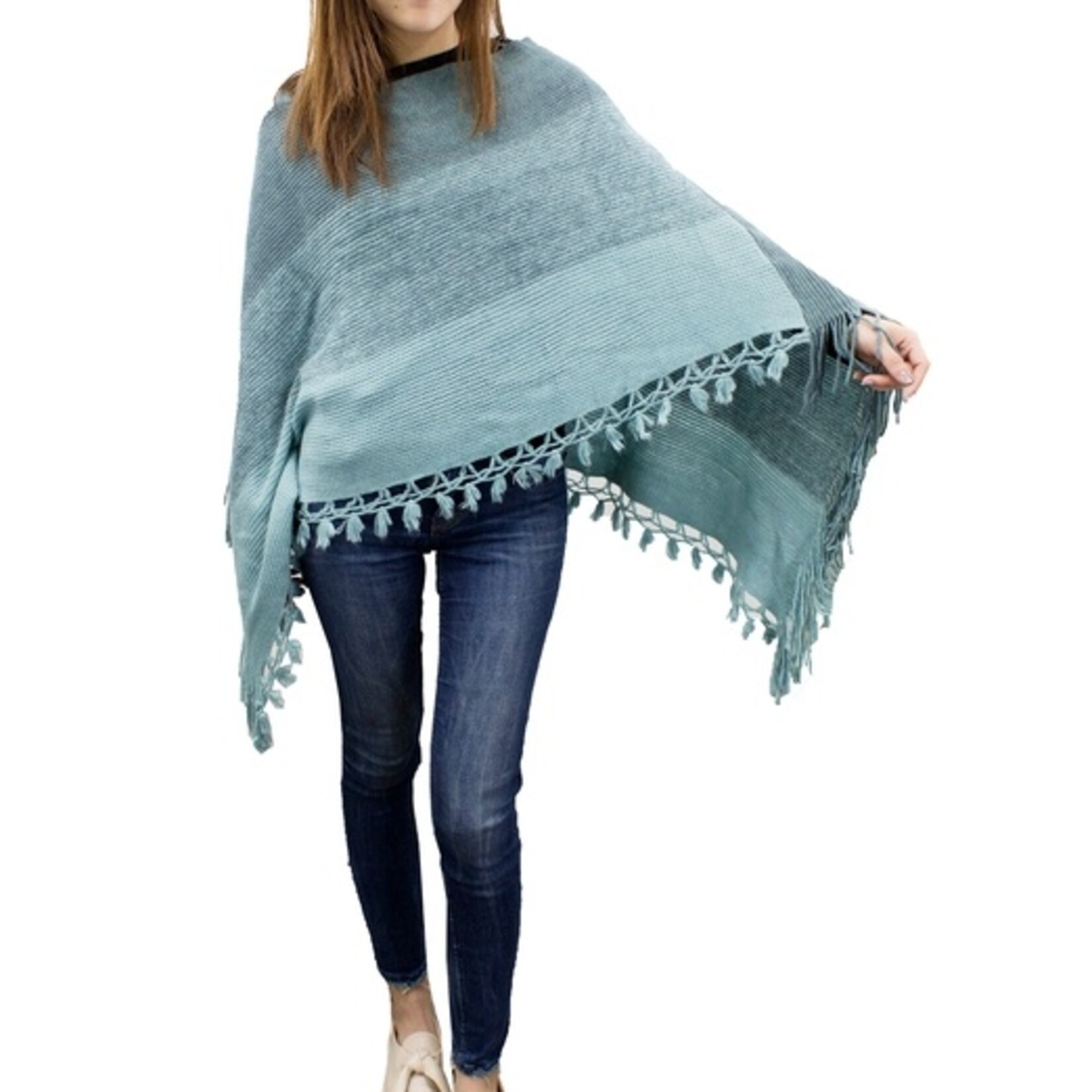 Fennco Fennco Color Block Fringe Poncho Sweater-Teal