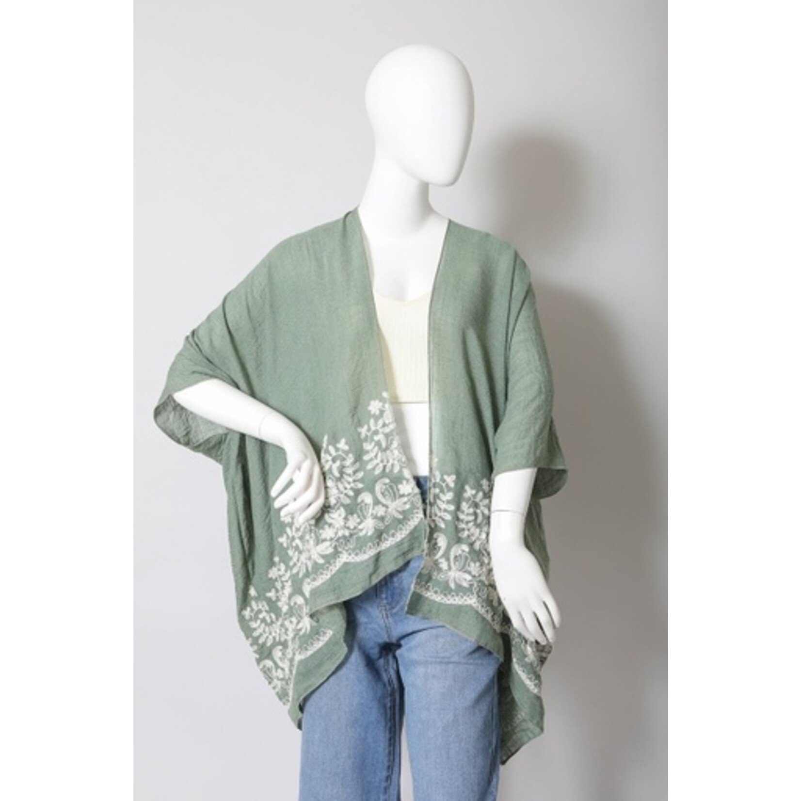 Leto Accessories Leto Accessories Floral Embroidered Stitch Kimono | Sage