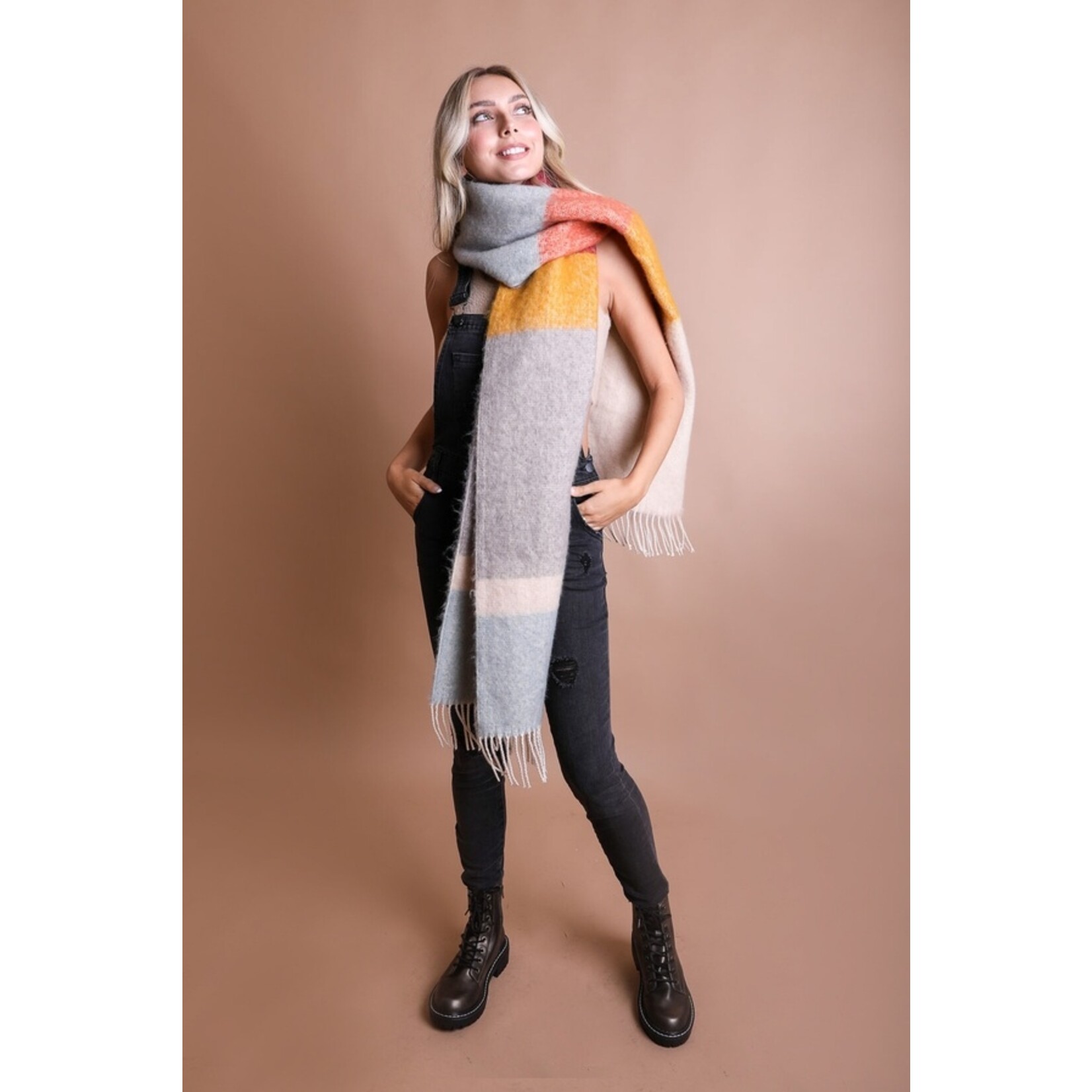 Leto Accessories Leto Color Block Faux Mohair Scarf Blue/Oatmeal  Scarf