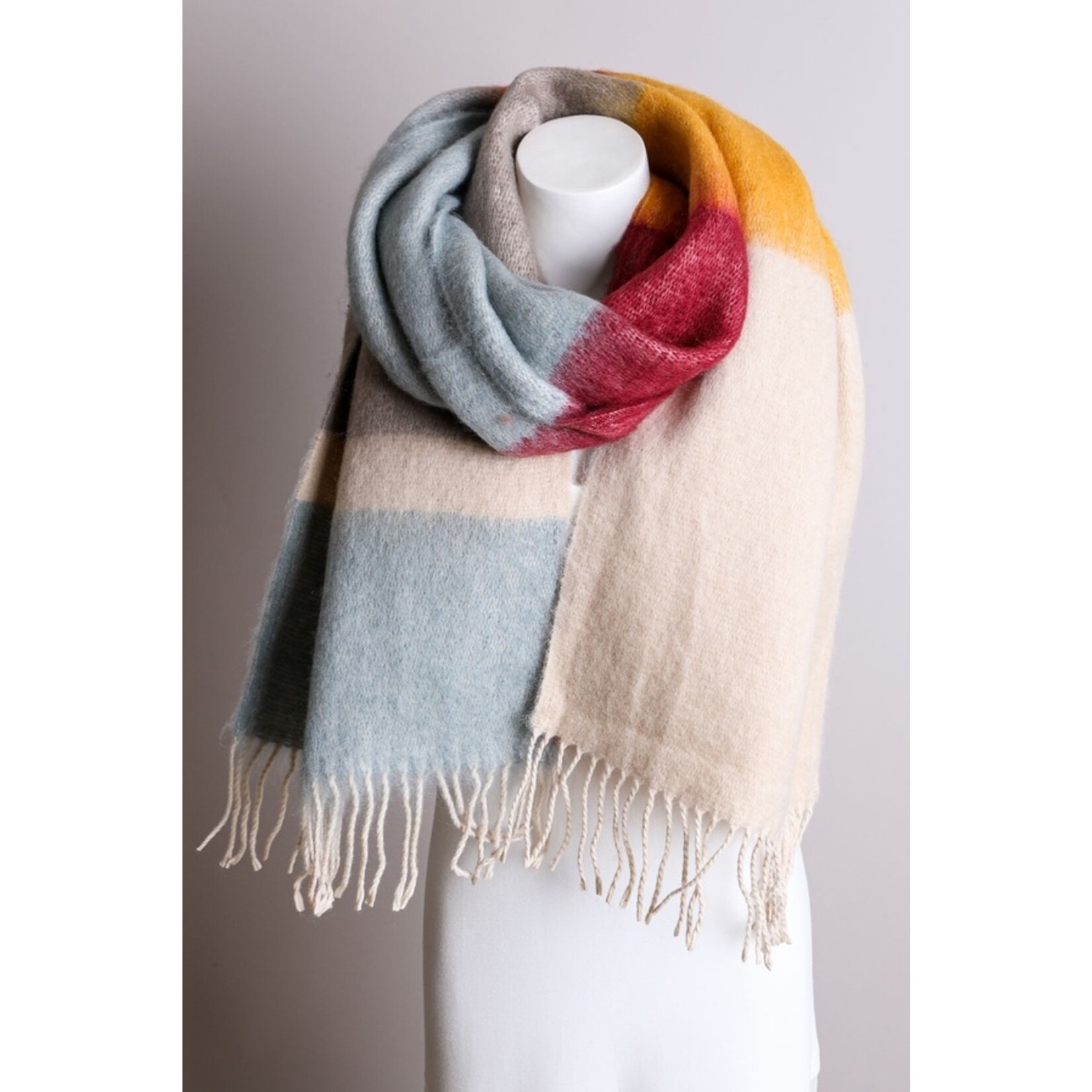 Leto Accessories Leto Color Block Faux Mohair Scarf Blue/Oatmeal  Scarf