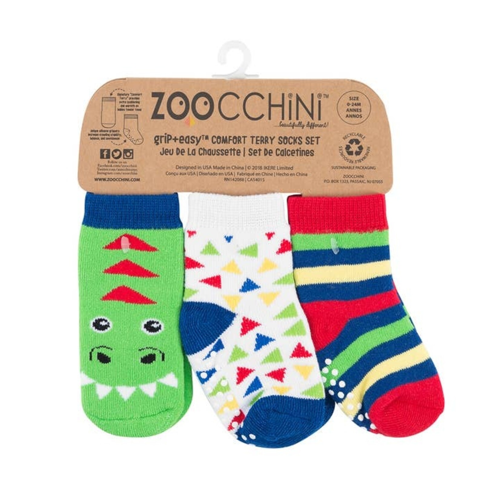 Zoocchini Zoocchini Comfort Terry Socks | Devin the Dinosaur 0-24M | 3 Pairs