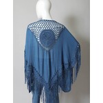 Leto Accessories Bohemian Fringe Tassel Kimono with Crochet Medallion- Denim