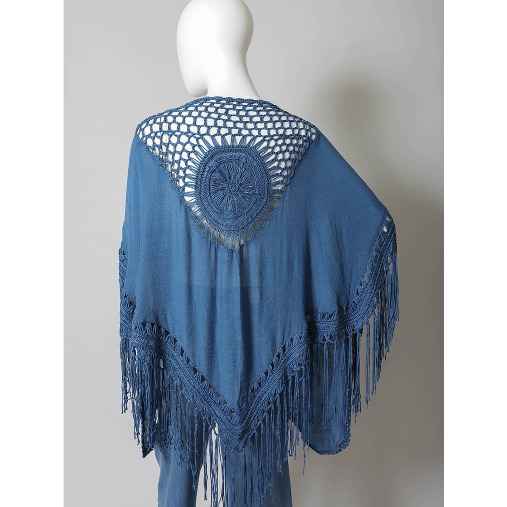 Leto Accessories Leto-Bohemian Fringe Tassel Kimono with Crochet Medallion- Denim