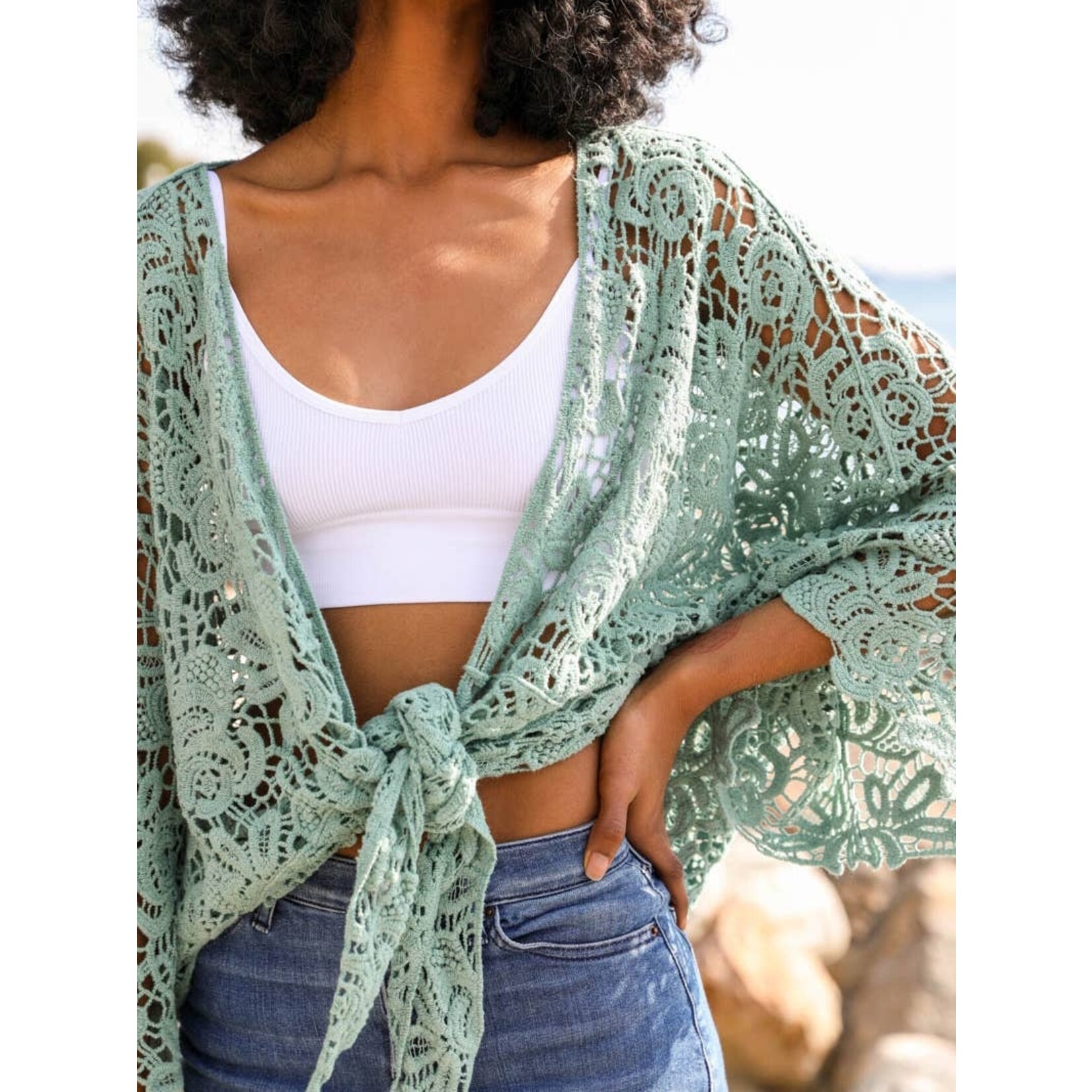 Leto Accessories Leto-Summer Crochet Floral Petal Kimono Wrap-Mint