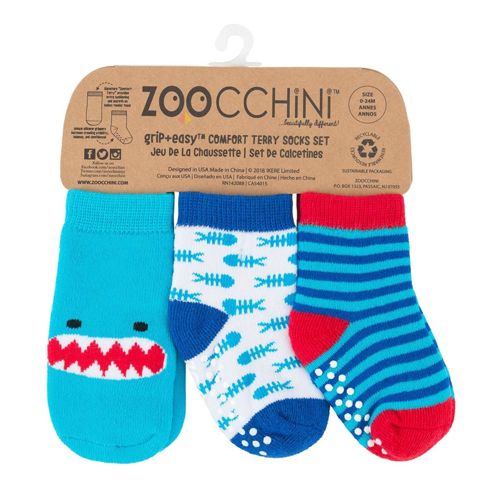 Zoocchini Zoocchini-3pair Comfort Terry Socks Sherman the Shark 0-24M