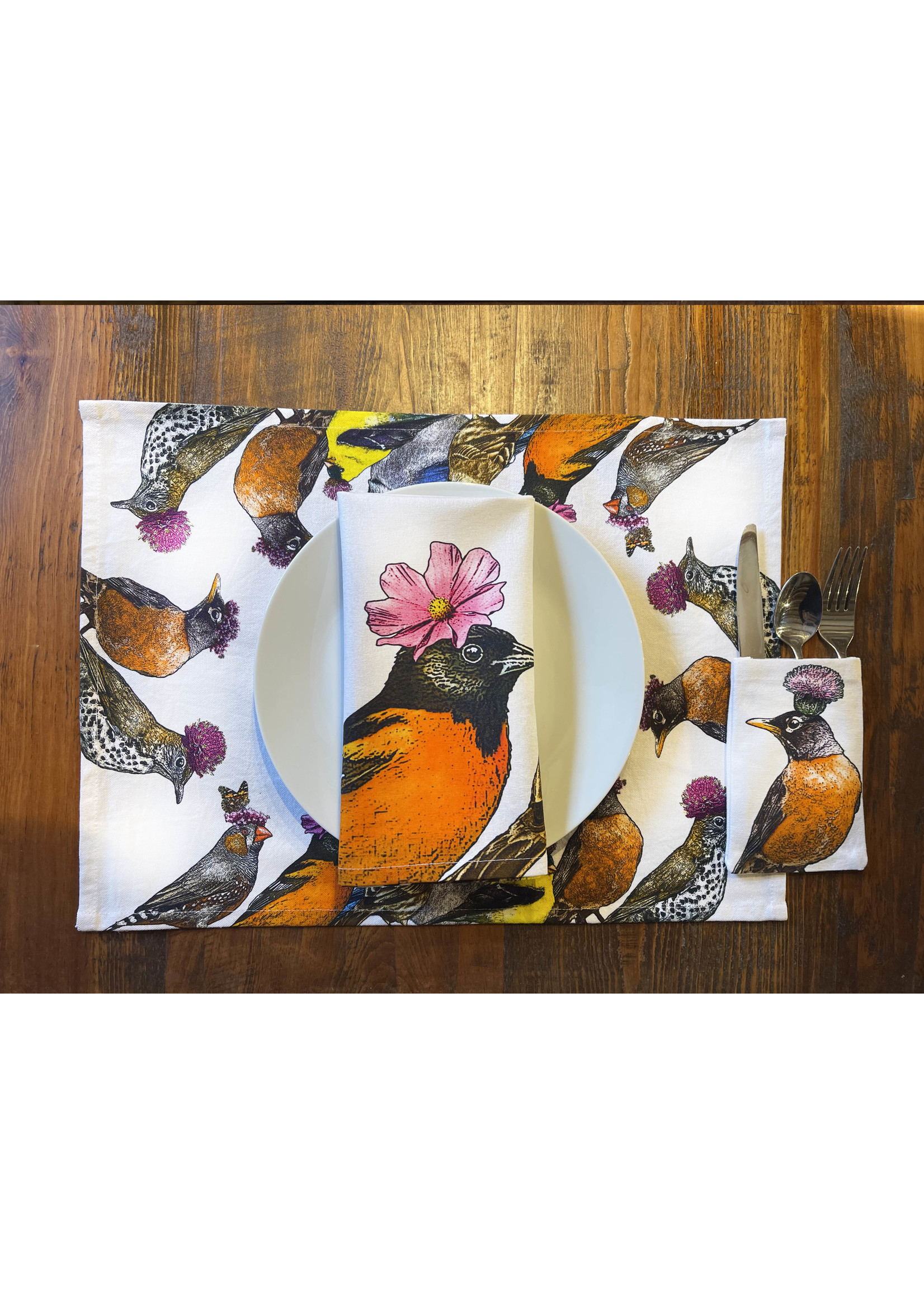 Alphie and Ollie small birds with purple flowers placemat/napkin 14 x 20 inches