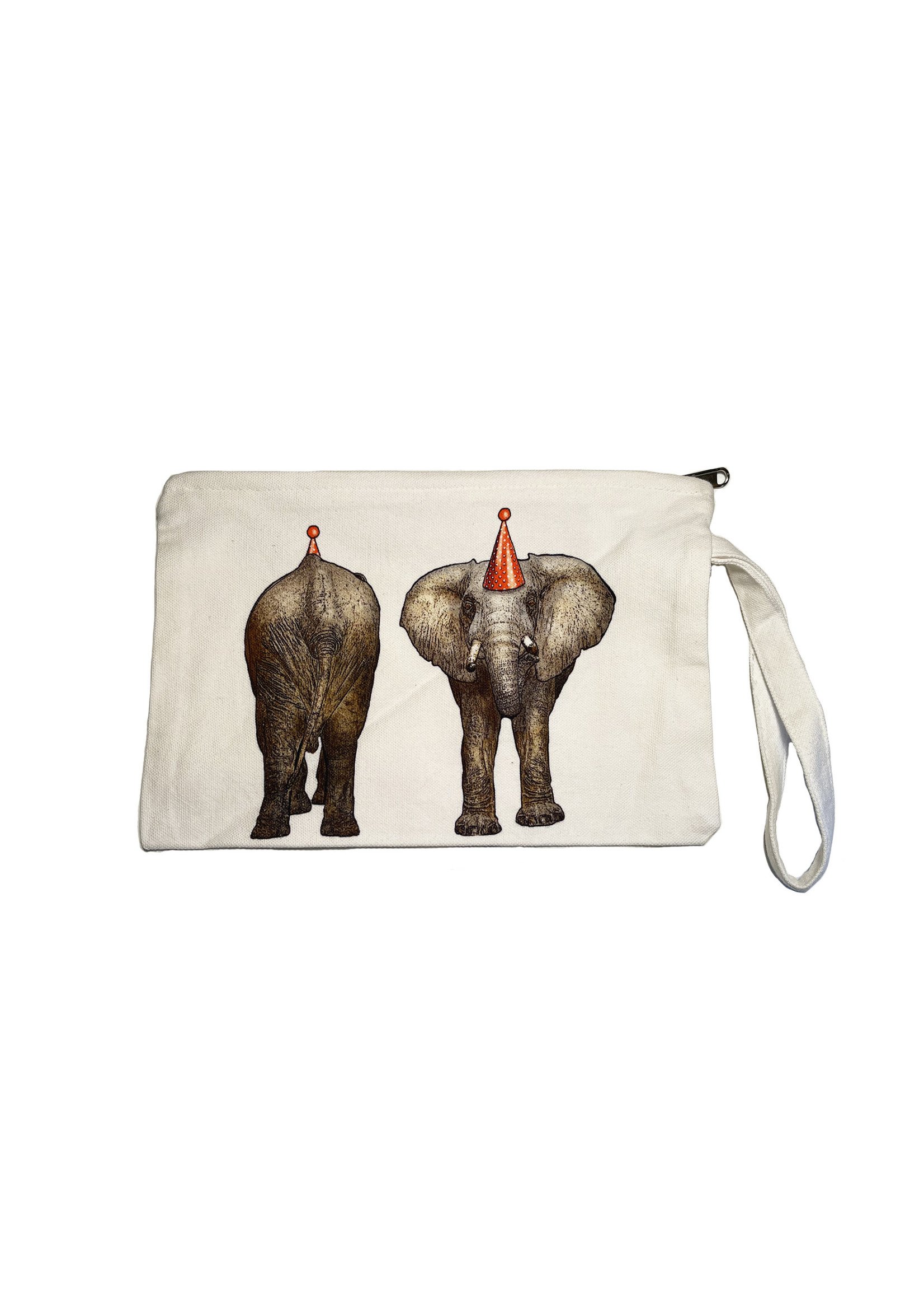 Alphie and Ollie elephants in party hats wristlet