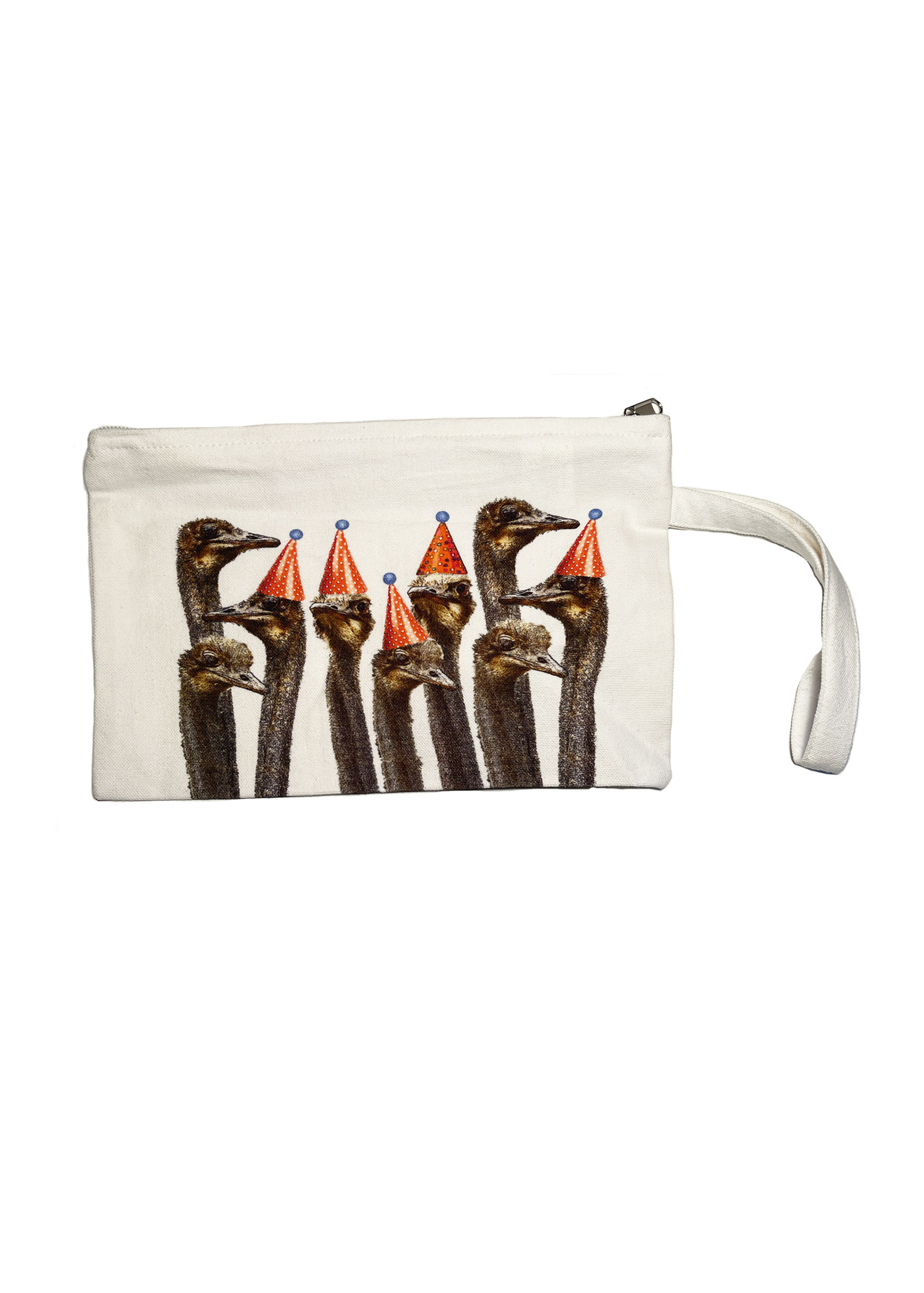Alphie and Ollie ostriches in party hats wristlet