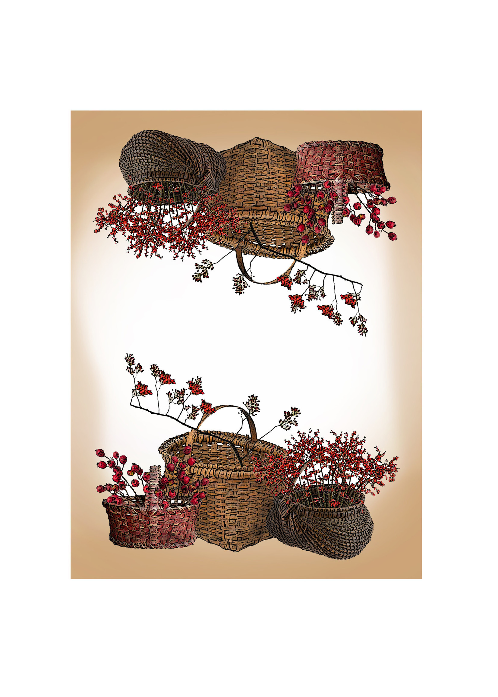 Alphie and Ollie baskets and rose hips kitchen towel 18 x 24 inches flour sack material