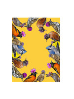 Alphie and Ollie small birds with purple flowers (yellow) kitchen towel 18 x 24 inches flour sack material