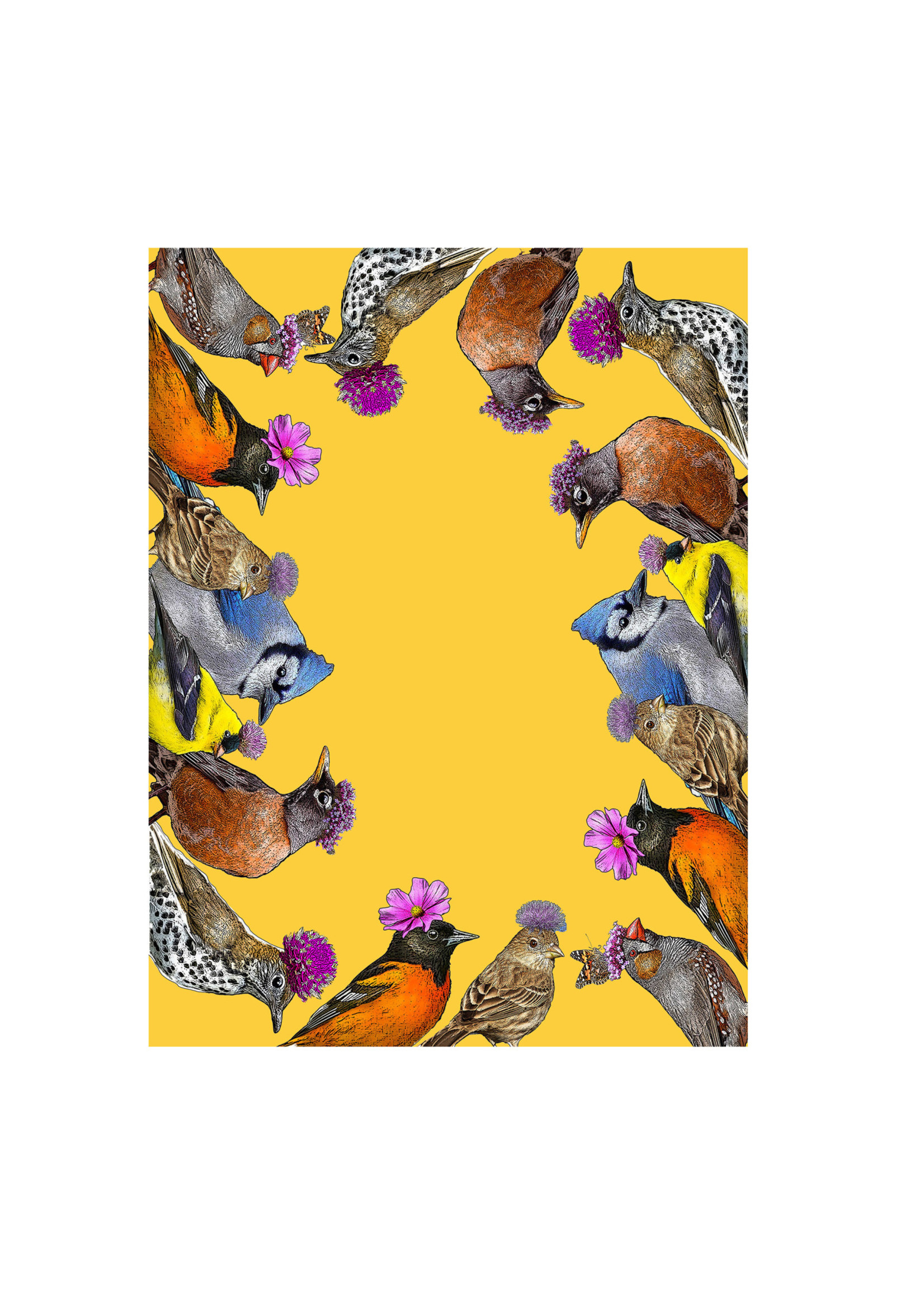 Alphie and Ollie small birds with purple flowers (yellow) kitchen towel 18 x 24 inches flour sack material