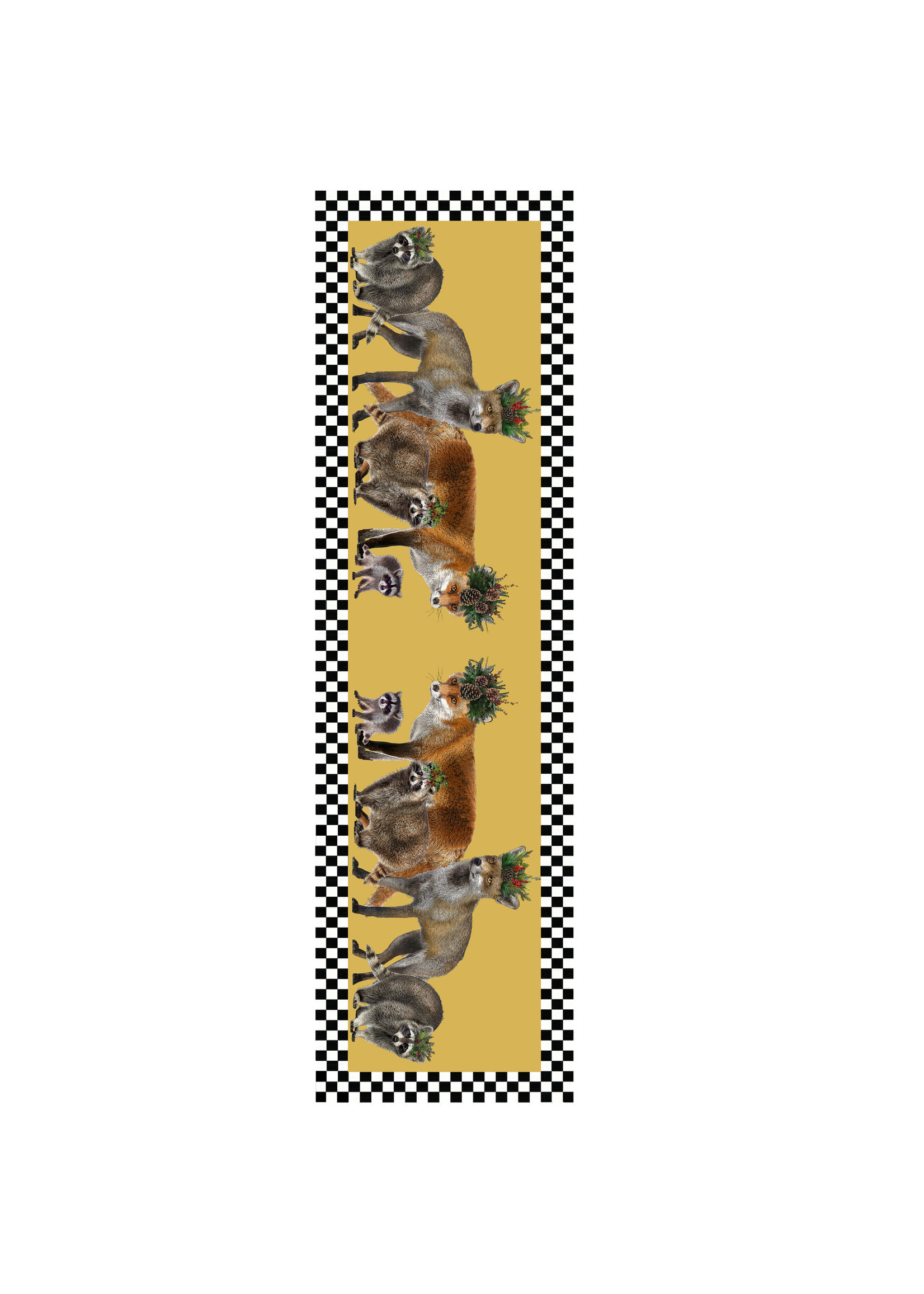 Alphie and Ollie fox and raccoon (yellow) table runner 20 x 70 inches