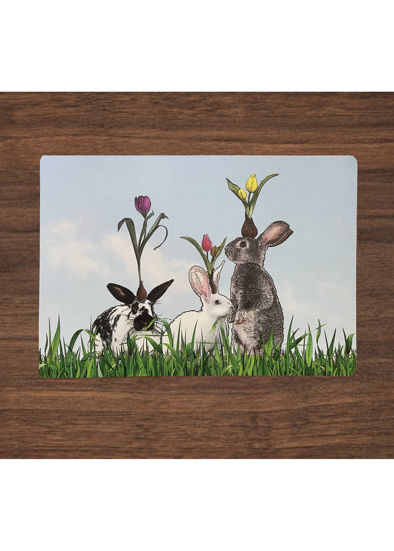 Alphie and Ollie bunnies with tulips vinyl placemat 12 x 17 inches