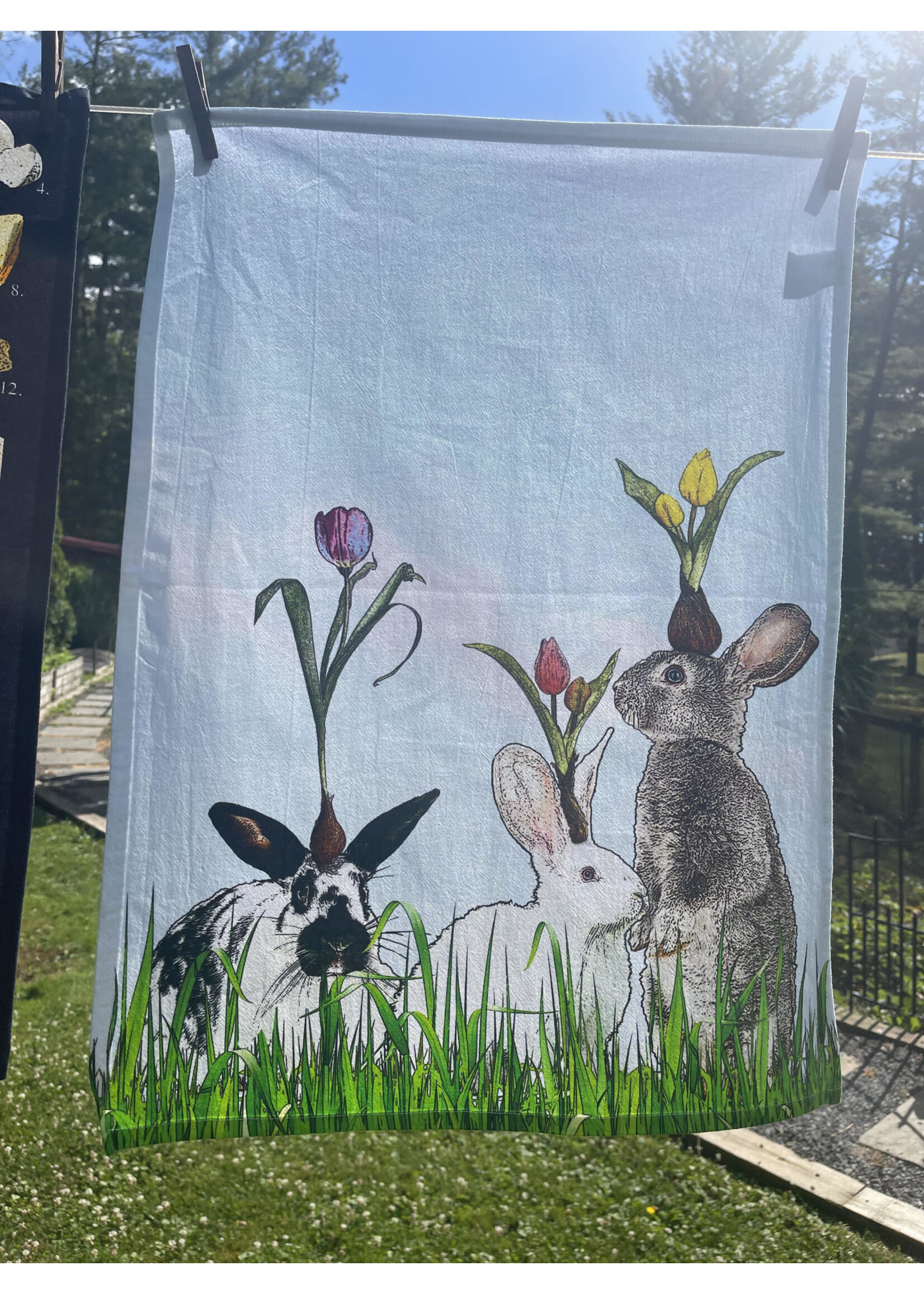 Alphie and Ollie bunnies and tulips cotton floursack kitchen towel 18 x 24 inches